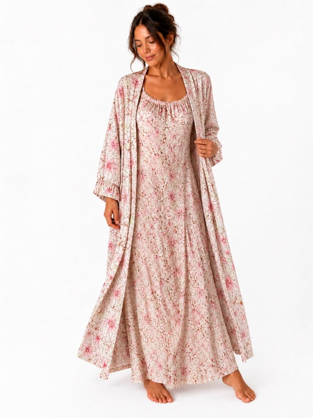 Schweitzer Linen 100% Silk Flora Duster Robe Size Large Pink Cream Maxi